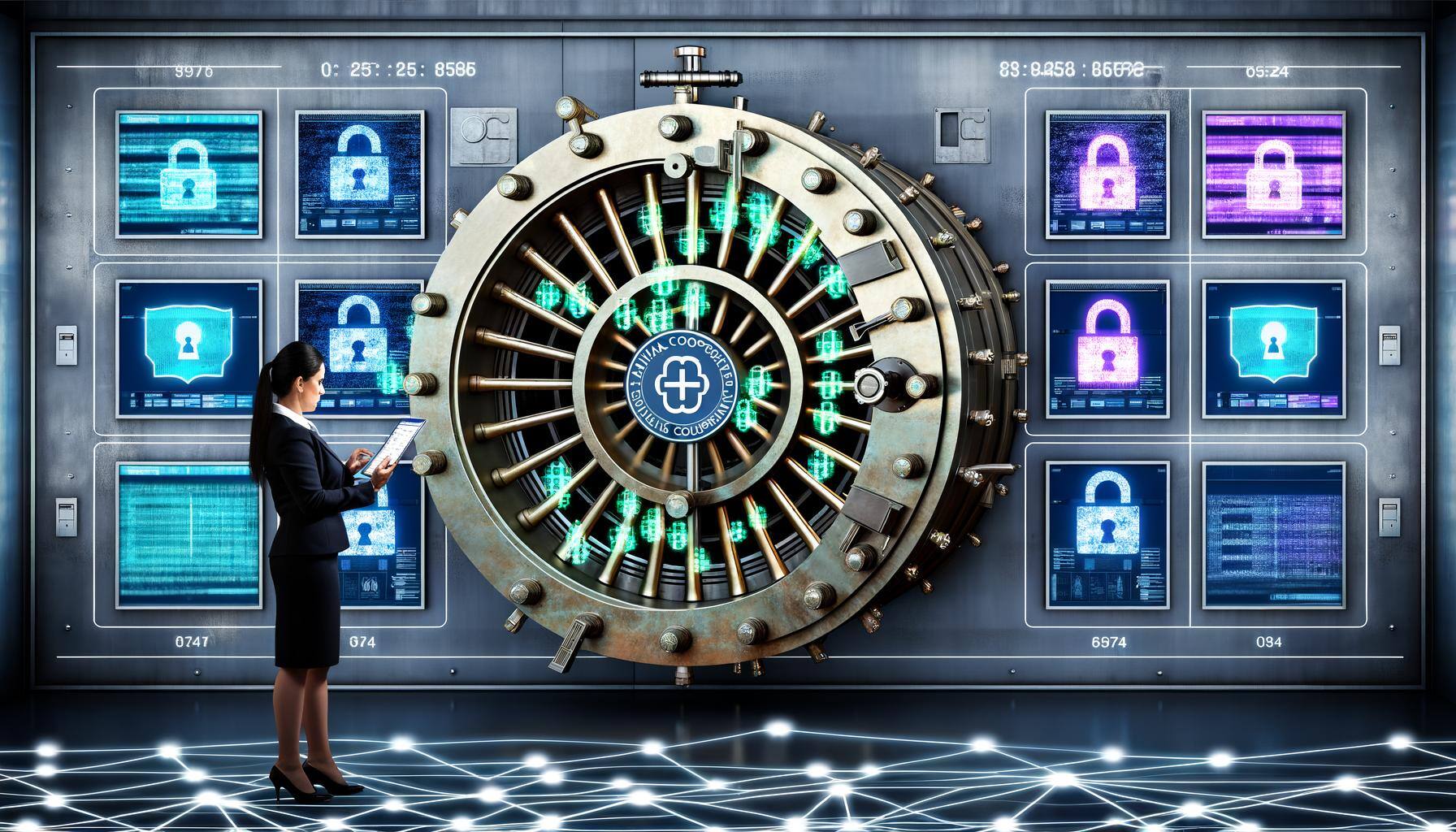 woman in a suit on a tablet standing in front of a high tech vault